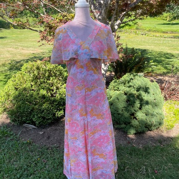 Vintage 1970s Psychedelic Pastel Maxi Dress w/ Capelet Overlay – Groovy Boho - Picture 1 of 8